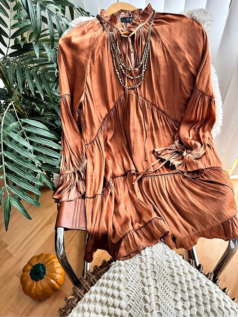 O.p.t Ruffle Sleeve Satin-Like Dress in a rusty orange Size Large